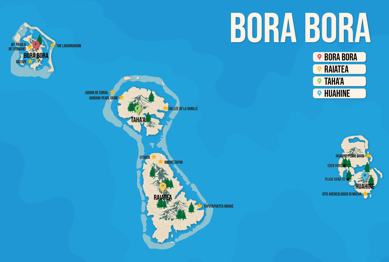 Vector map of Bora Bora pictured with several of the best places to stay and attractions to visit