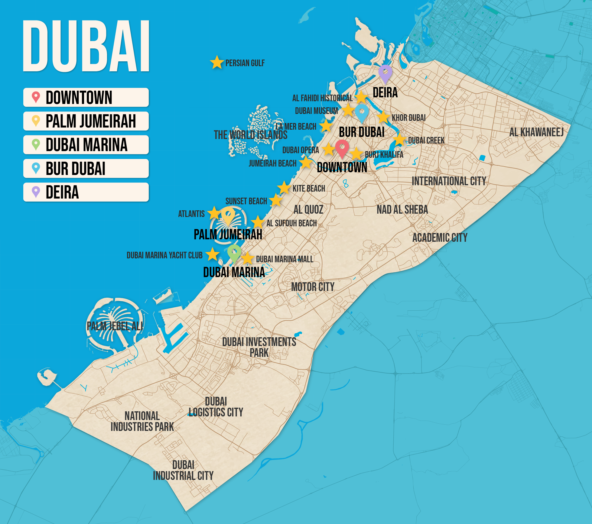 Vector map of Dubai pictured with several of the best places to stay and attractions to visit
