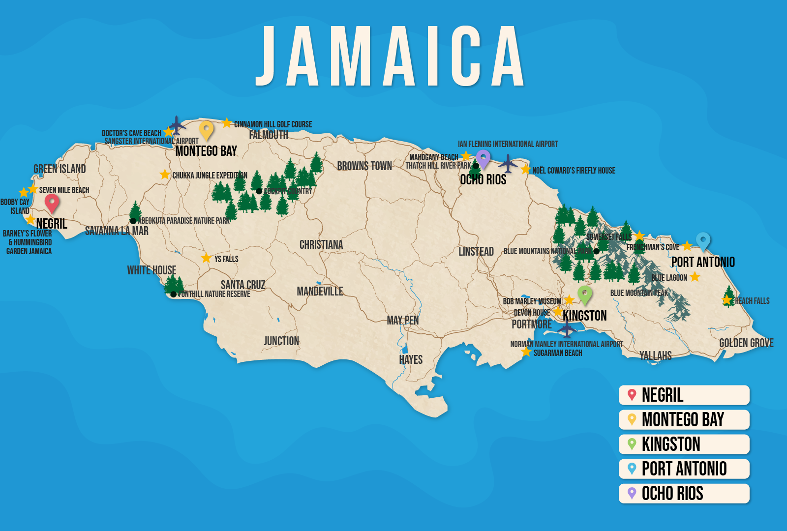 Vector map of Jamaica pictured with several of the best places to stay and attractions to visit