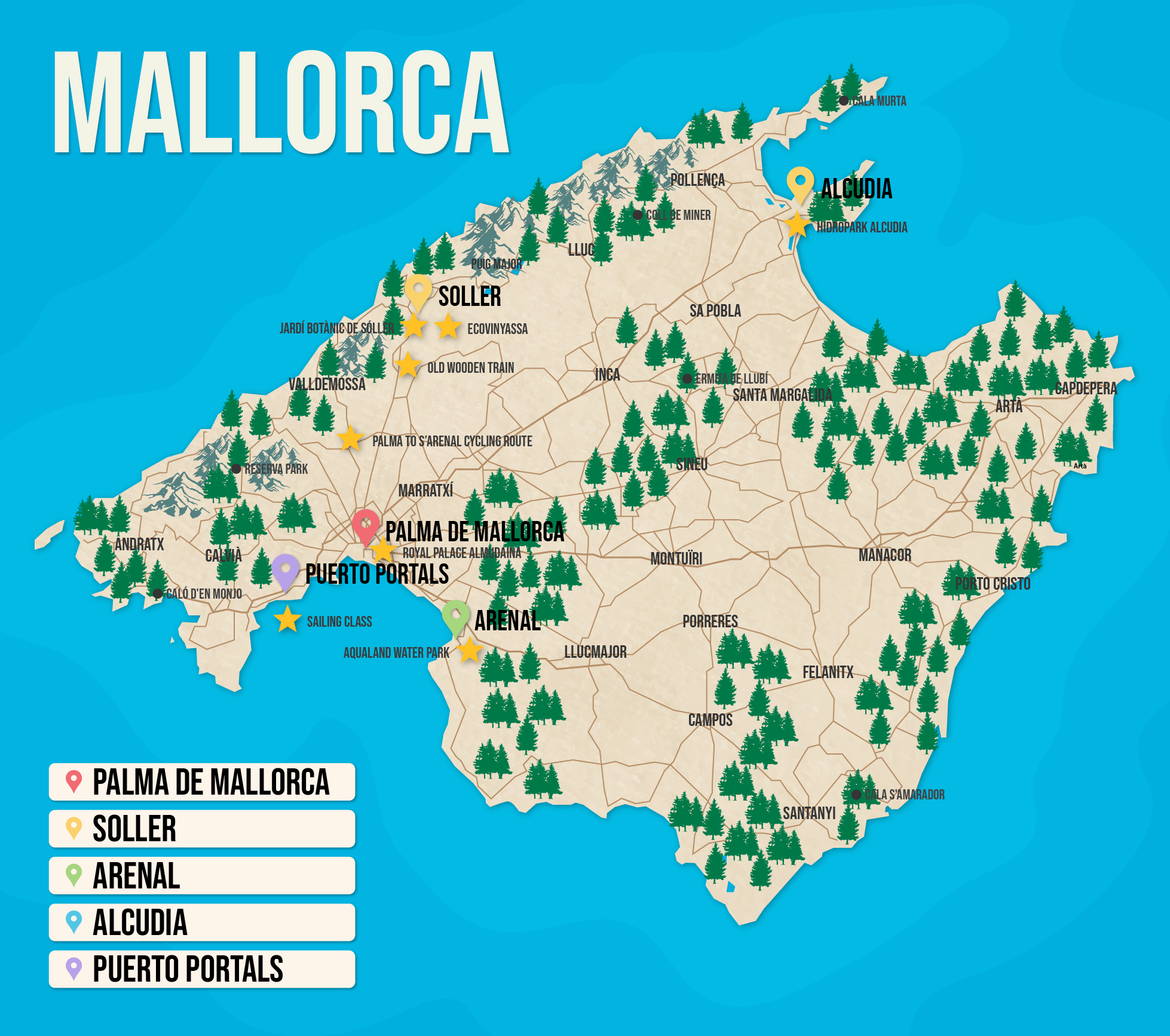 Vector map of Mallorca pictured with several of the best places to stay and attractions to visit