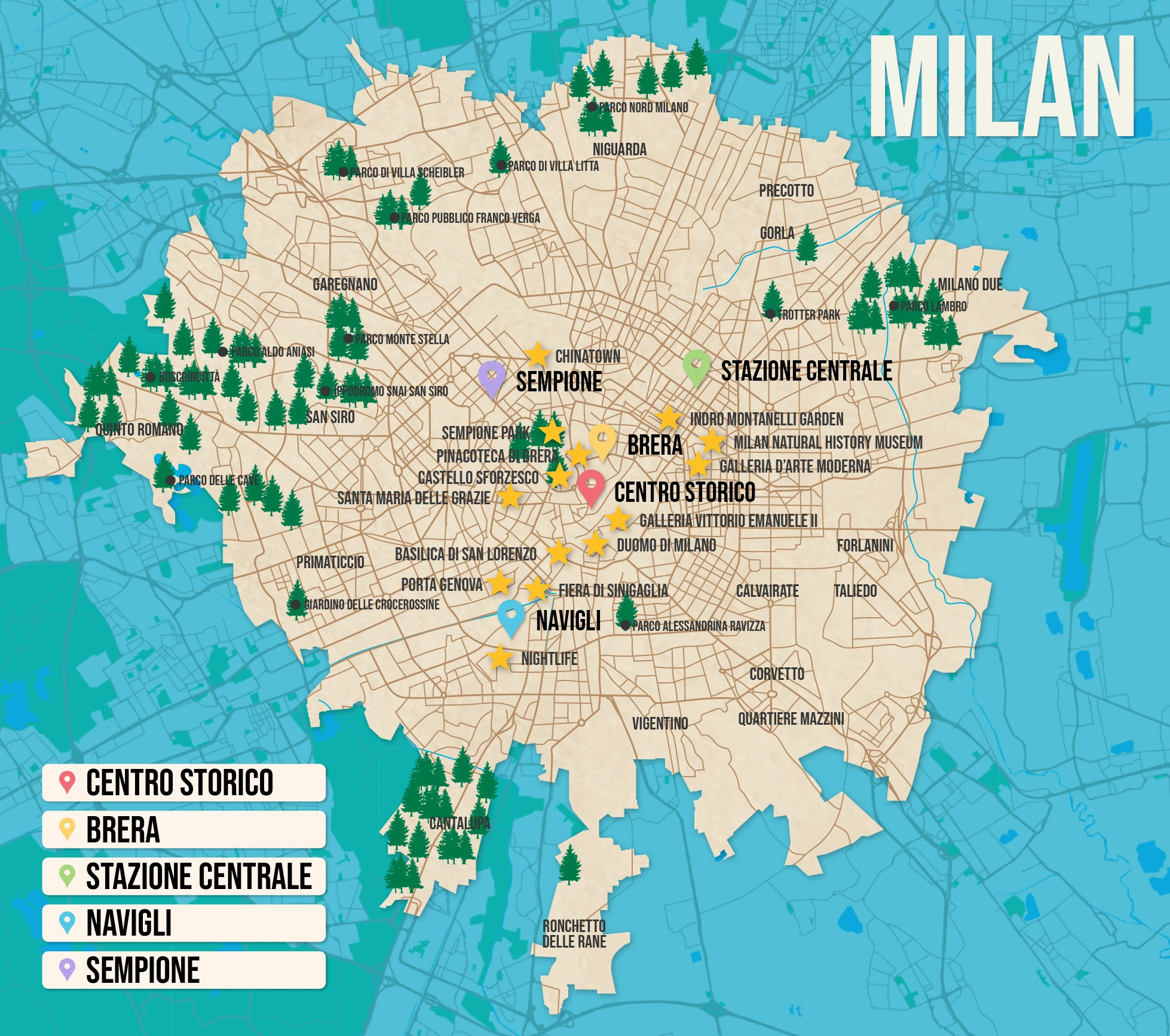 Vector map of Milan pictured with several of the best places to stay and attractions to visit