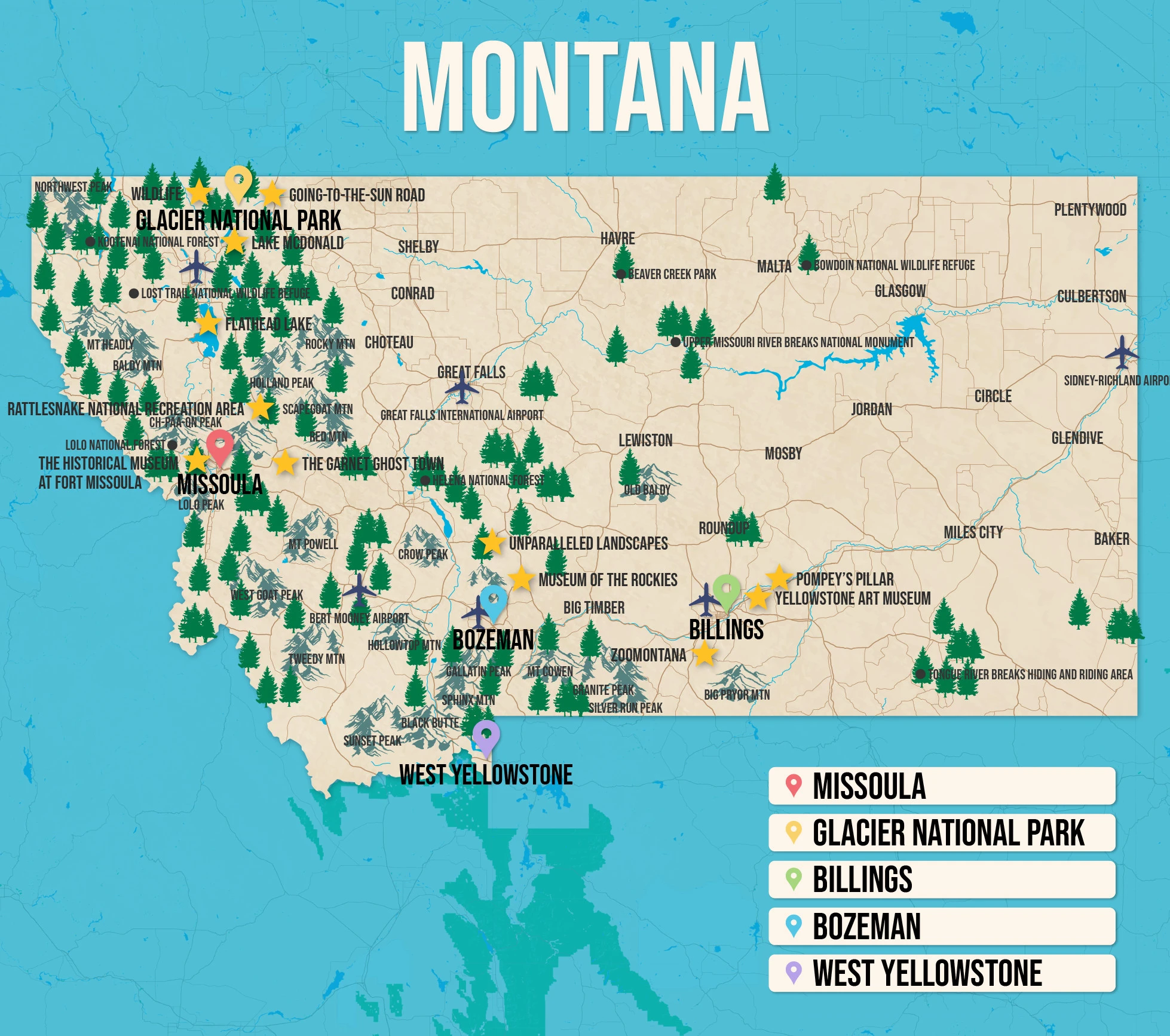 Vector map of Montana pictured with several of the best places to stay and attractions to visit