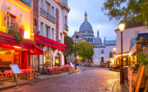 Street corner of the Place du Tertre with tables in the Montmartre Quarter