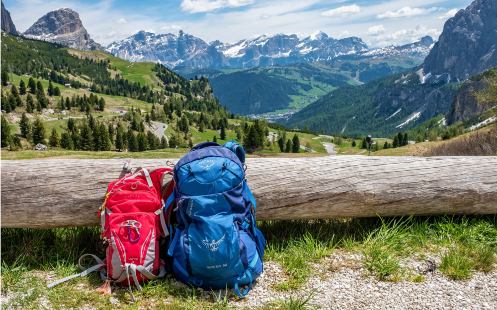 Two of the best Osprey backpacks pictured in blue and pink in front of a downed log in Dolomites Italy