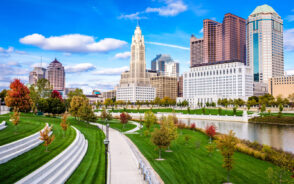 Image of the downtown skyline and river in Columbus, one of the best places to visit in Ohio