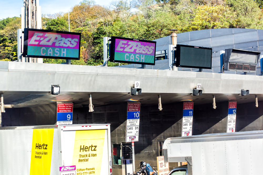 EZ Pass signs pictured above a bridge in New York