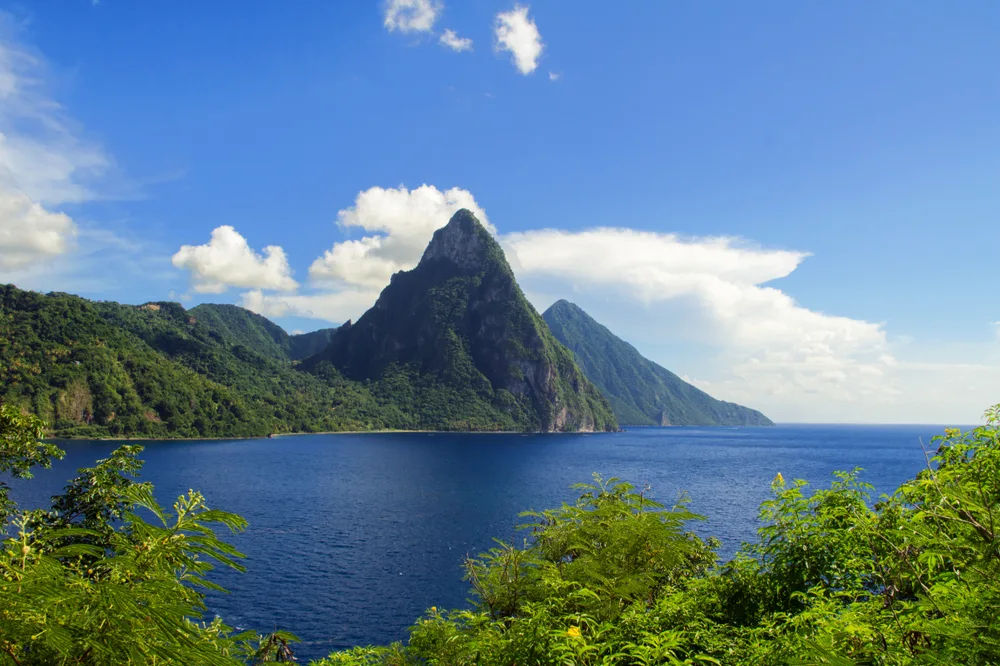 Aerial view of the Pitons mountains, one of the views seen from the best all-inclusive resorts in St. Lucia