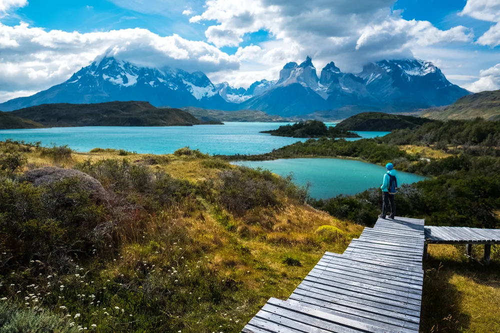 Hiker in a blue hat and a backpack pictured standing on a wooden path looking out onto the valley of Torres del Paine National Park, one of the best places to visit in Chile