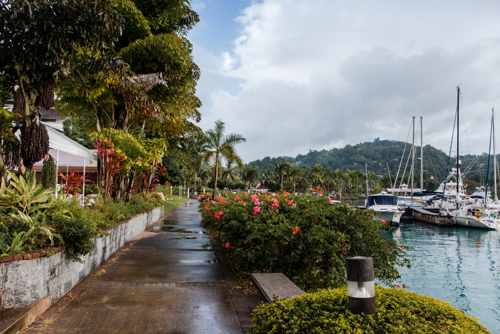 Wet day in the port area of Port Antonio, one of the best areas to stay in Jamaica, with a path along the water