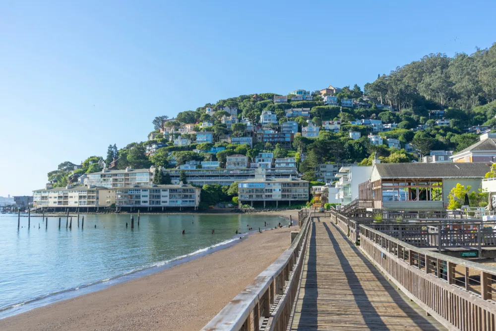 Wooden pier stretching along the bay in Sausalito, a top day trip from San Francisco