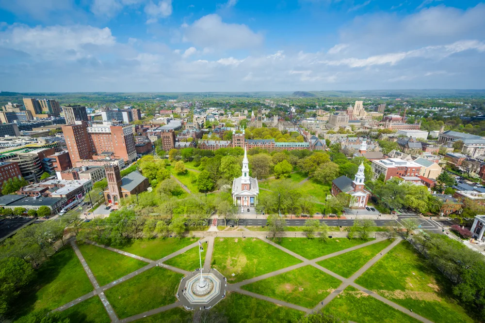 Aerial view of the New Haven Green and Downtown areas at one of the best places to visit in the Northeast