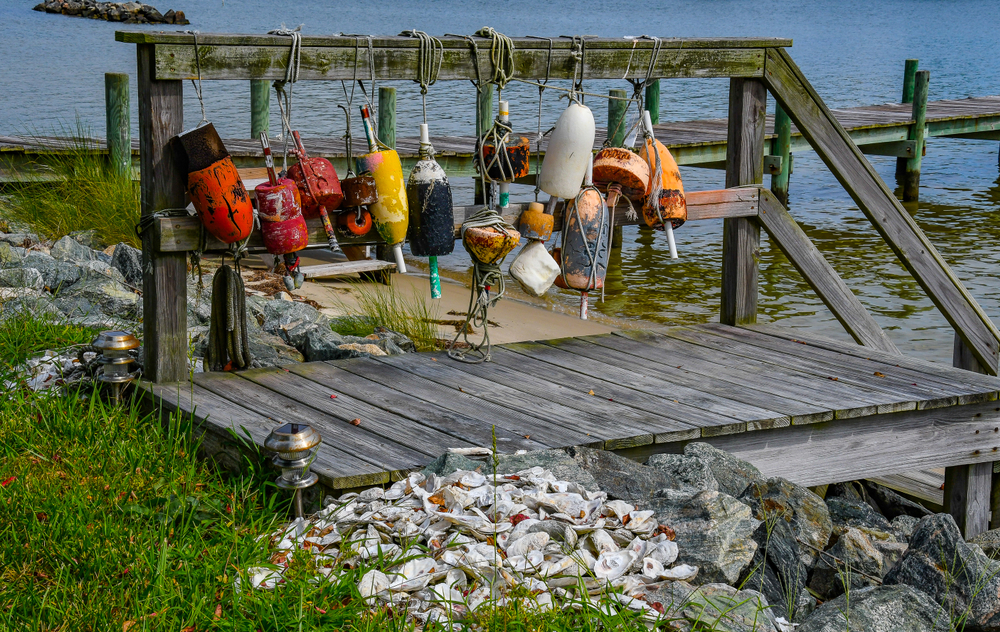 Buoys hanging on a wooden dock above some rocks during the least busy time to visit Virginia