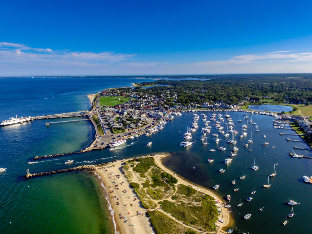 Bird's eye view of Oak Bluffs and the pier in one of the best day trips from Boston, Martha's Vineyard