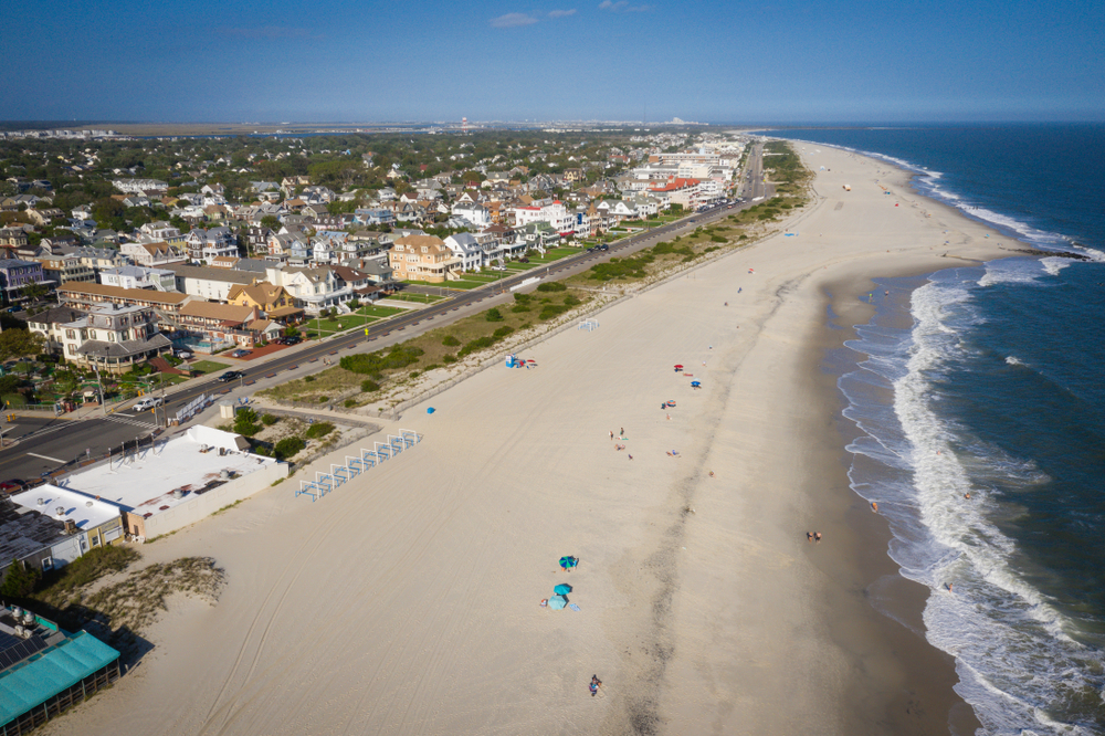 Aerial view of Cape May, New Jersey with a long beach stretching along the coastline