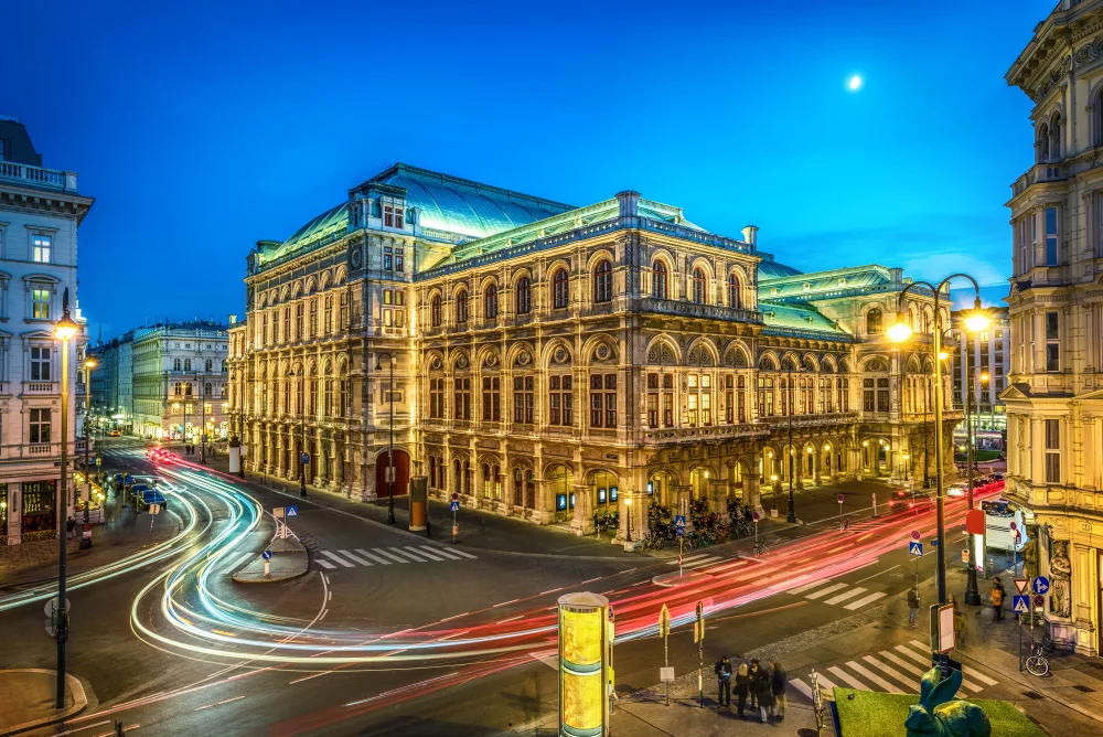 Low-exposure shot of the opera house in Vienna, a must-visit attraction in Austria