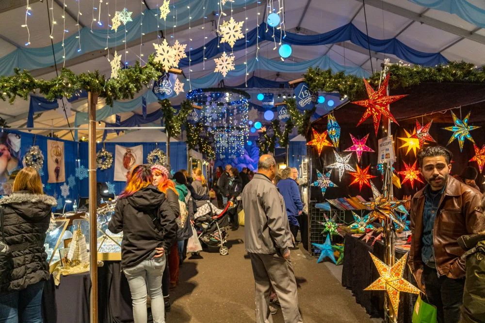 Christmas market inside of a tent in Bethlehem, one of the best places to visit during Christmas in the USA
