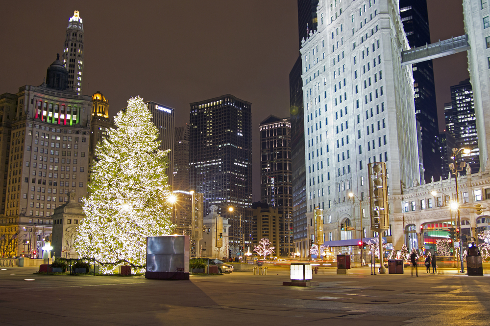 Christmas lights on the big tree in Chicago, a top pick for places to visit during Christmas in America