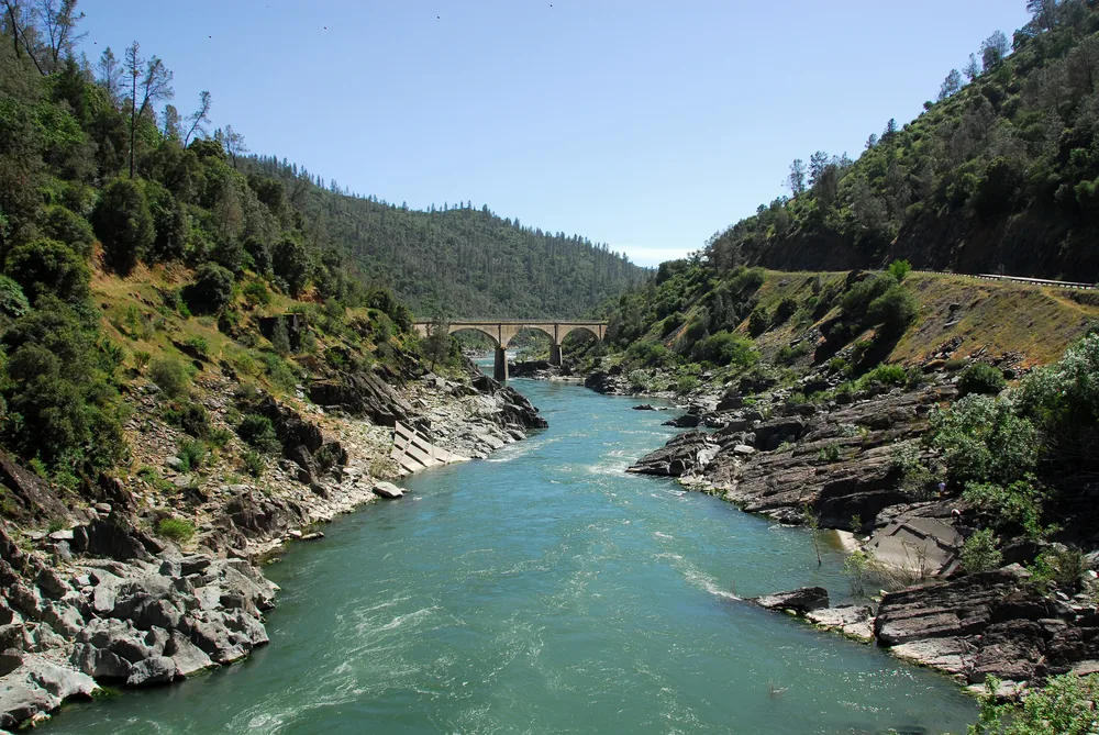 River and bridge between a large valley in the picturesque Gold Country, California