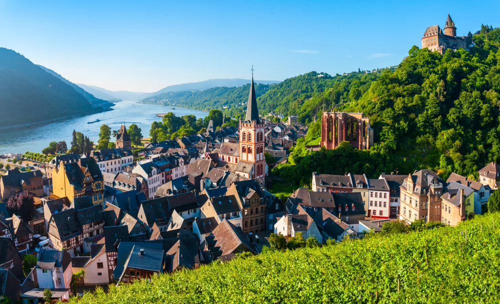The Rhine Valley, one of the best places to visit in Germany, pictured from the hilltop looking down over the river