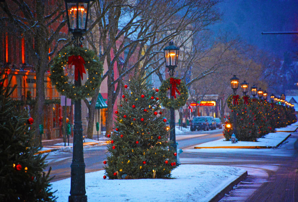 Christmas trees and old light posts lining the streets in Pennsylvania