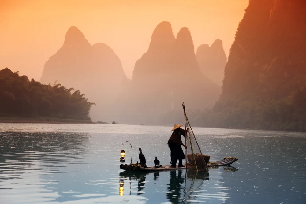 Chinese man in a triangle hat pictured from behind fishing with several birds on his boat in Guanxi