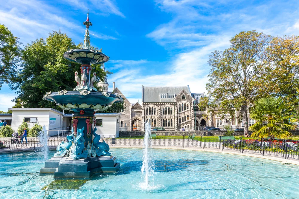 Fountain at the Botanic Gardens pictured on a sunny day at Christchurch, one of the best places to visit in New Zealand
