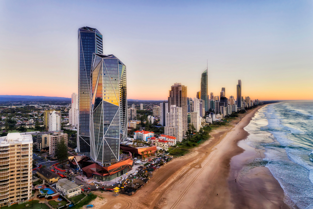 Modern skyscrapers reflecting the early morning light off the ocean on the Gold Coast, one of the best places to visit in Australia