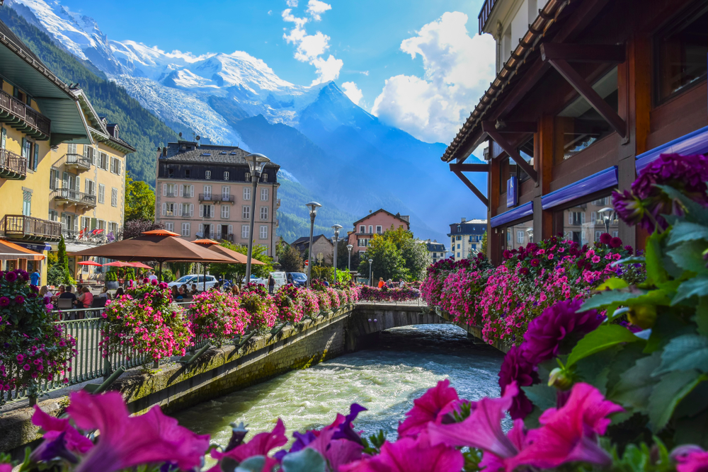 The Chamonix Valley town with huge mountains in the background, a top day trip from Paris