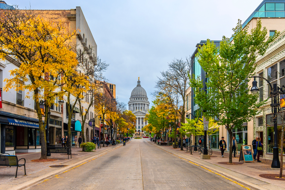 Madison WI pictured in autumn looking down the idyllic old town area with the courthouse in the background