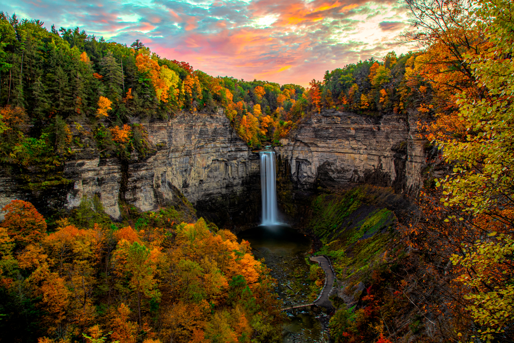 Taughannock Falls, one of the best places to visit in the Northeast, pictured in the fall