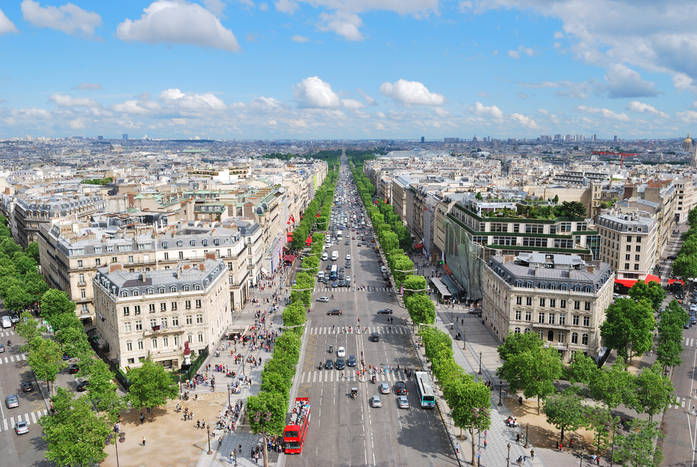 Champs Elysees, one of the most famous streets in the world and the best places to visit in Paris, pictured from the air