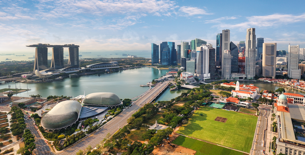 Singapore City aerial view on a sunny day showing one of the safest countries to visit right now