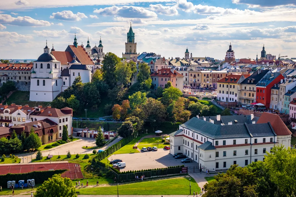 Small town of Lublin in Poland, one of the country's best places to visit, pictured from the air with a few clouds in the sky