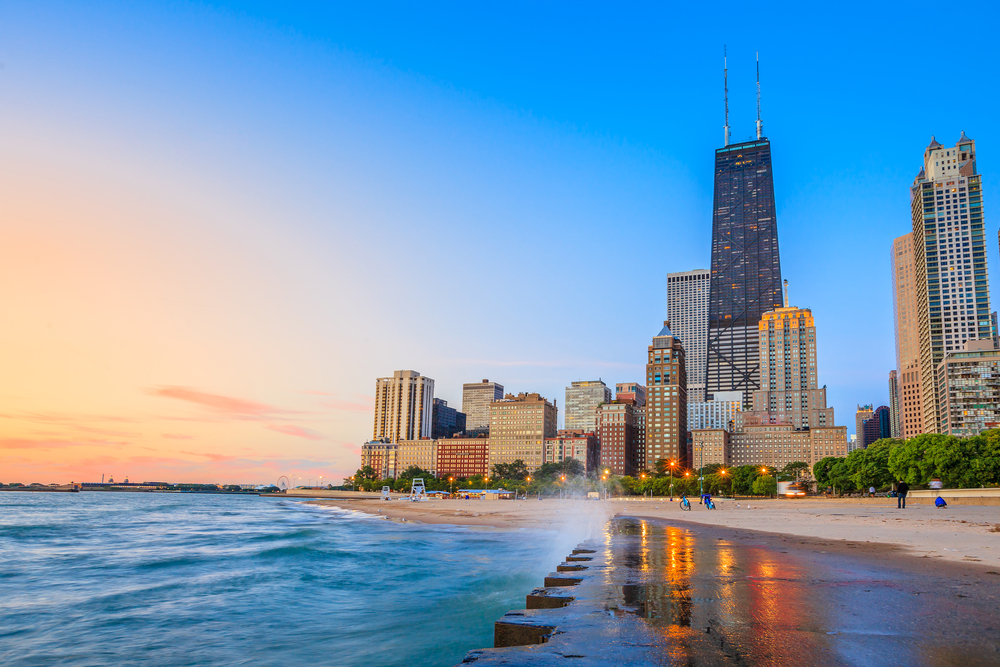 Skyline in downtown Chicago, one of the best places to visit in the Midwest, pictured from North Avenue Beach