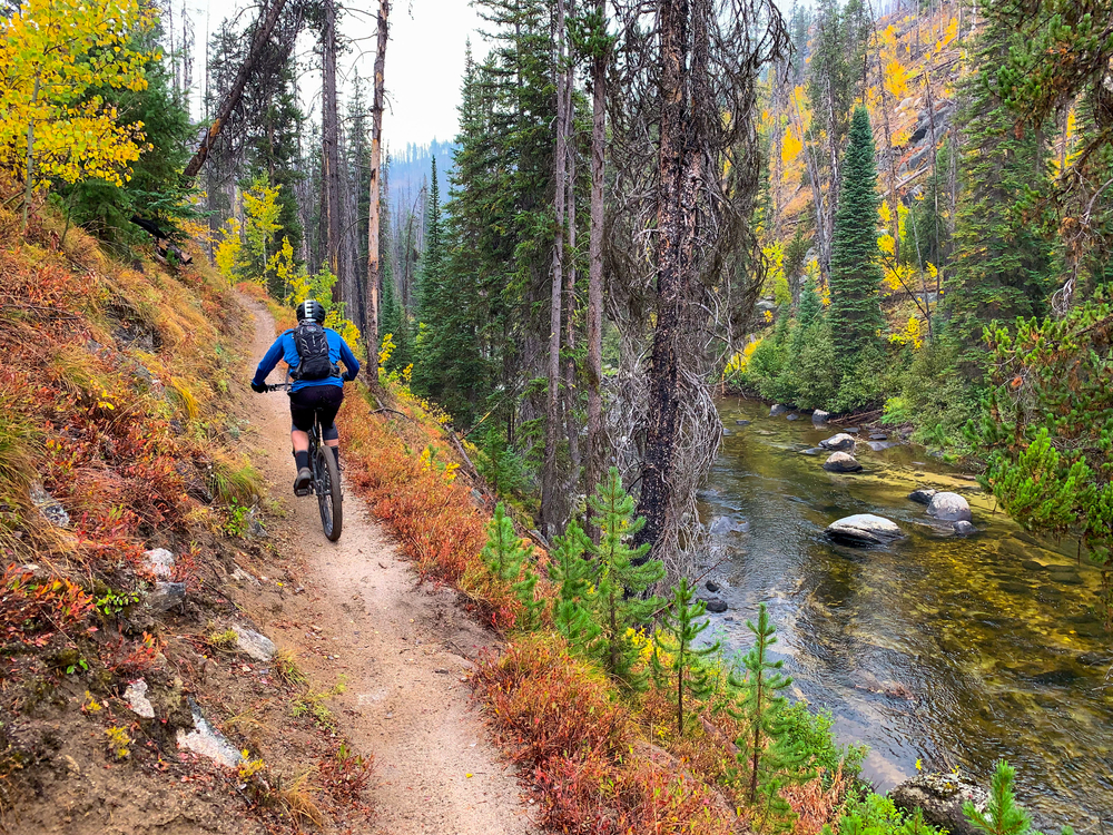 Man biking on a trail in the mountains in McCall, a top pick for places to visit in Idaho