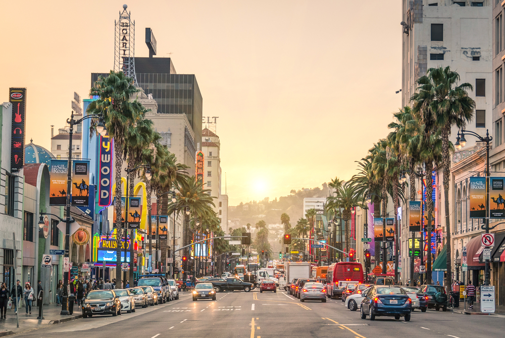 Gorgeous image of Hollywood Blvd, pictured on an evening day, with palm trees lining the street