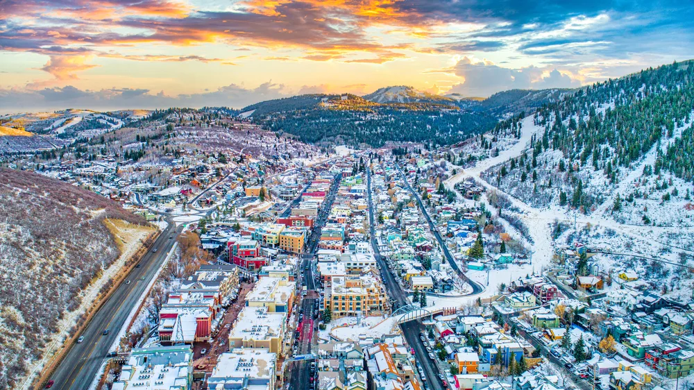 Aerial image of one of the best places to visit during Christmas in the USA, Park City, Utah