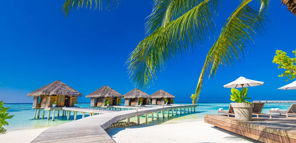 Luxury Caribbean resort on white sand beach with wooden pier leading to water villas with a palm tree in the foreground for a piece on the best islands in the Caribbean