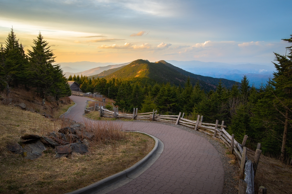 Amazing hilltop view as seen from the winding brick path at the top of Mount Mitchell, one of the best places to visit in North Carolina