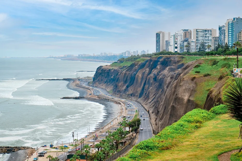 Downtown area of Lima Peru overlooking the ocean from its tall and rocky cliff face