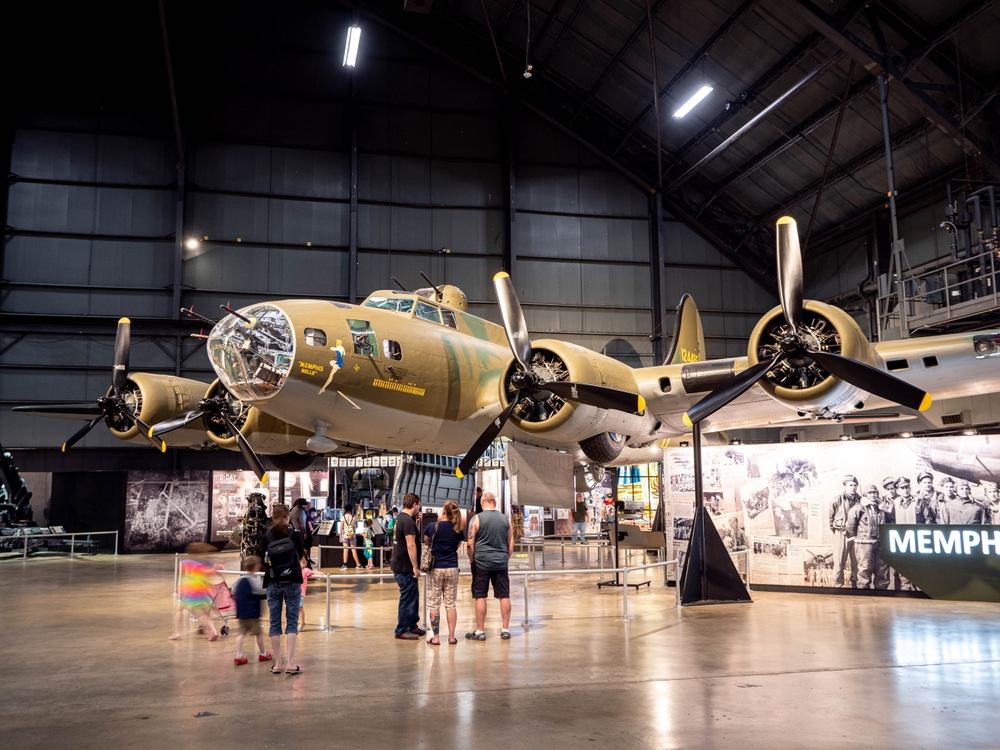 B-17 pictured on stilts in the Museum of the Air Force in one of Ohio's best places to visit, Dayton