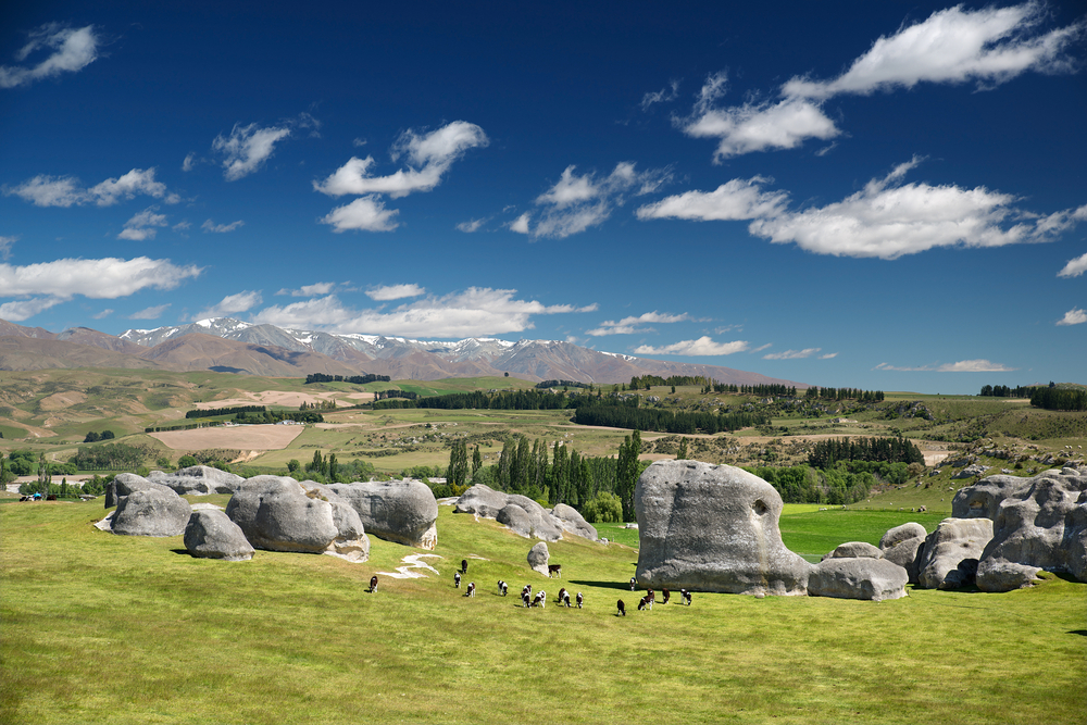 View from the hilltop of Waitiki, one of the best places to visit in New Zealand, pictured with big rocks on the grass and people walking around them