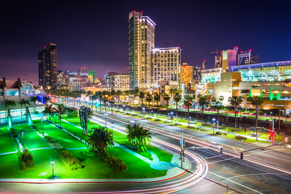 Harbor Drive and the downtown skyline illuminated with ample light in San Diego, one of the best places to visit in Southern California
