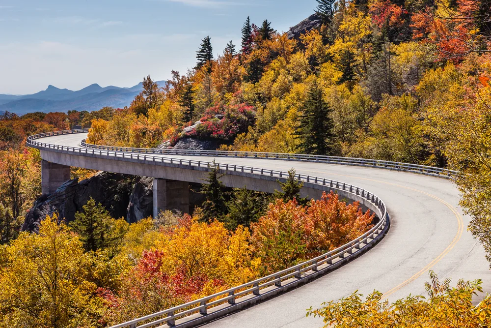 Vibrant autumn leaves on the trees on either side of the Blue Ridge Parkway overlooking the Smoky Mountains