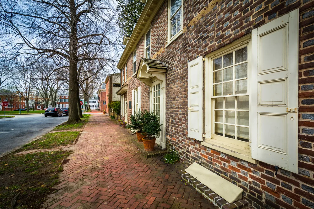Historic old brick homes lining the street in Dover, one of Delaware's best places to visit