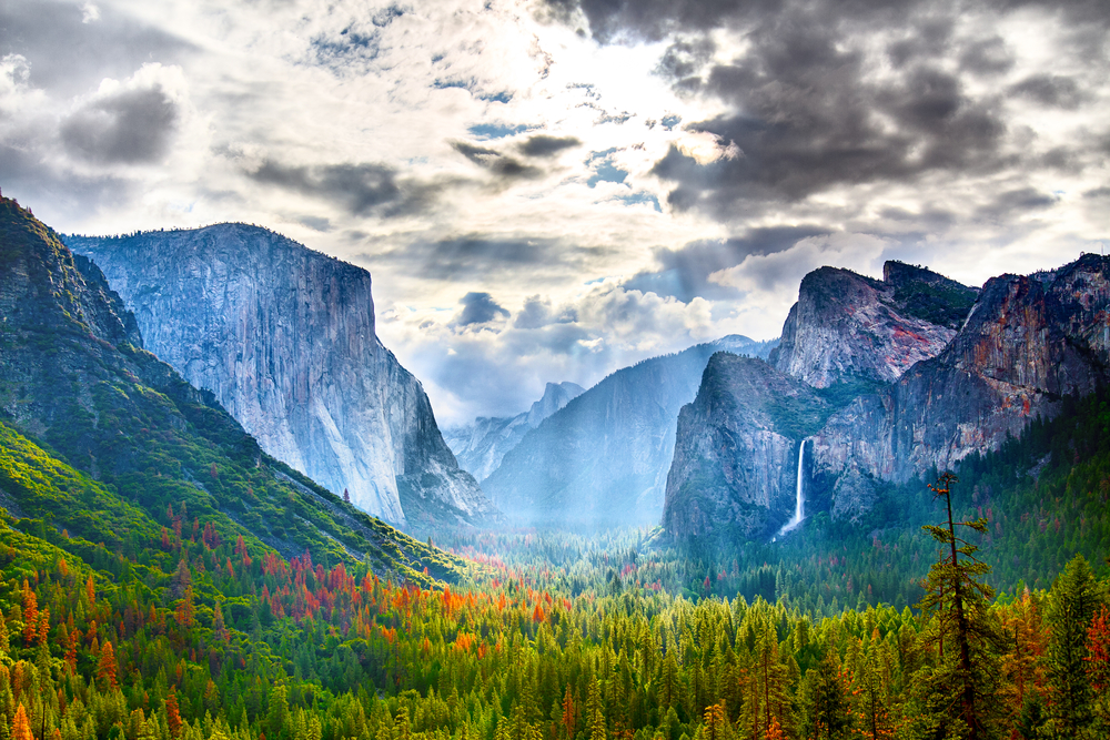 Photo of a valley in a park in one of the best day trips from San Fran, Yosemite, with mist and waterfalls on the horizon