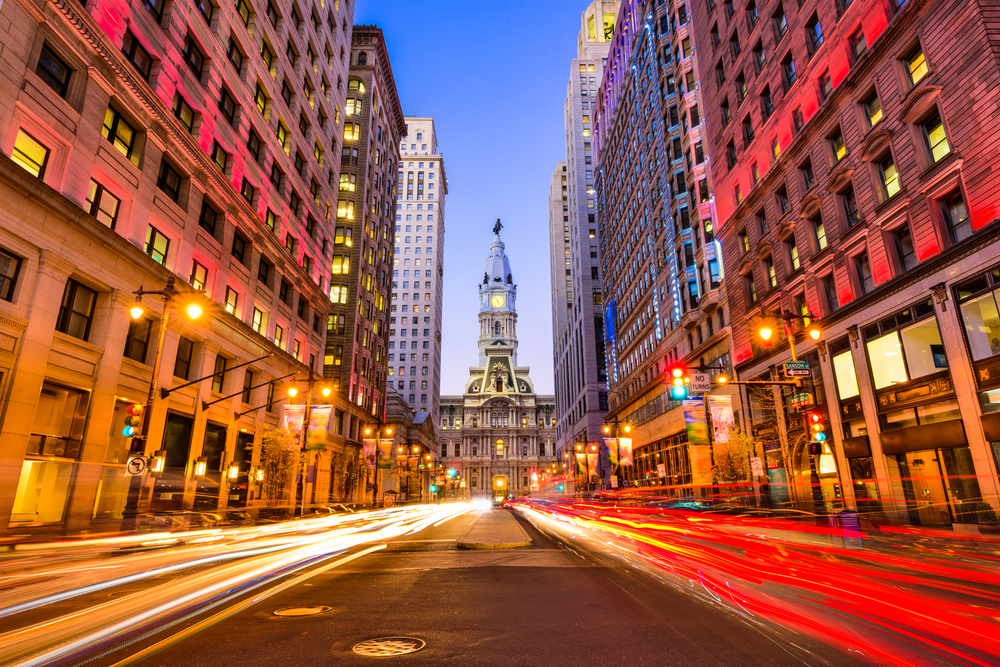 Downtown city hall at rush hour in Philadelphia seen in a low-exposure image