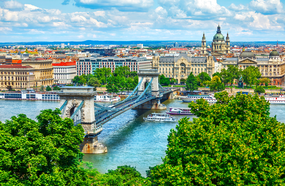 Chain bridge over the Danube River in Budapest, Hungary, a city in one of the safest countries to visit right now