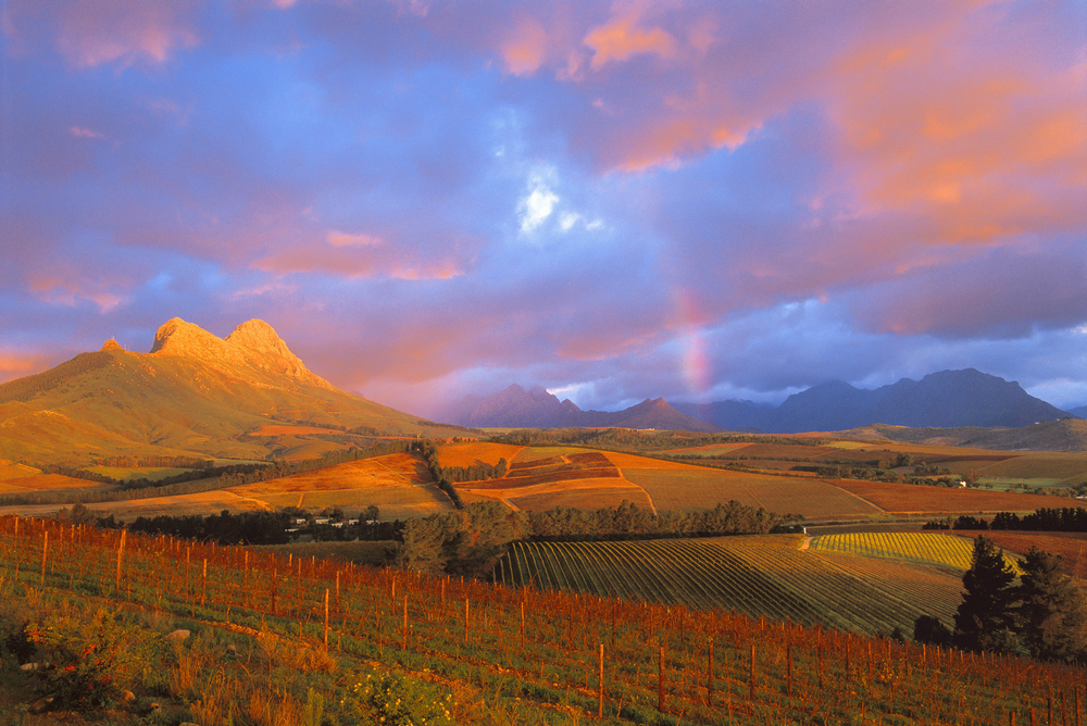 Photo of a rainbow over the wineland region of Cape Town for a roundup of the must-visit places in South Africa