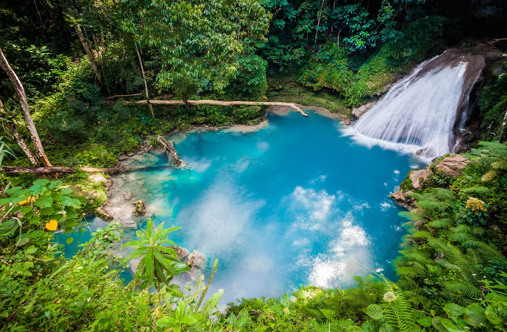 Blue Hole Waterfall aerial view in Jamaica, one of the best islands in the Caribbean to visit